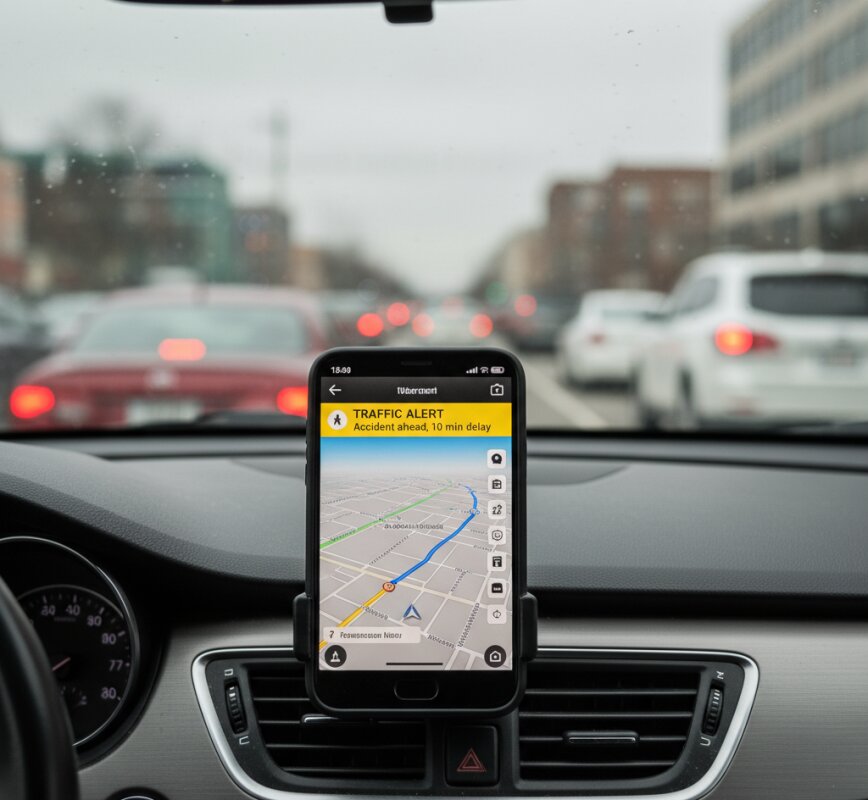 Telefon z nawigacją zamontowany w samochodzie, wyświetlający ostrzeżenie o korku i wypadku.