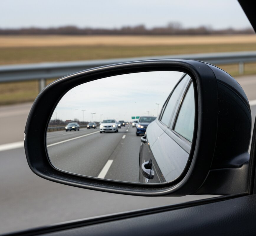 Lusterko boczne samochodu poprawnie wyregulowane, widok na autostradę i inne pojazdy.