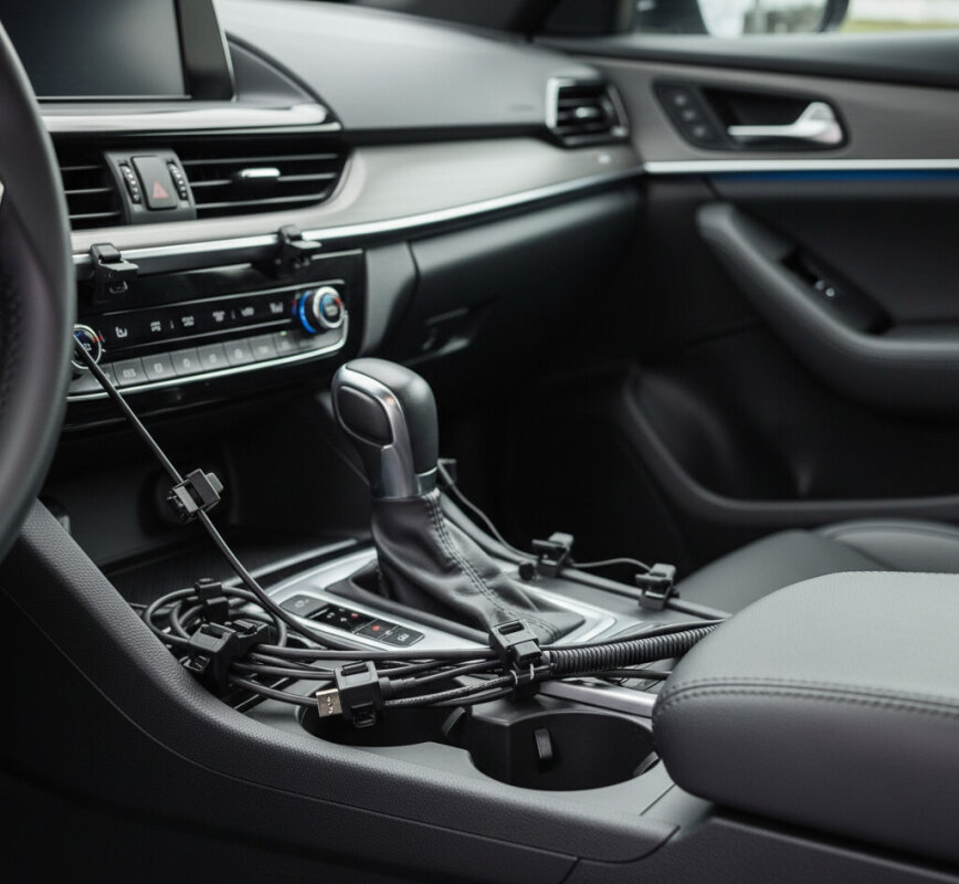 Organizery do kabli USB w kokpicie auta.