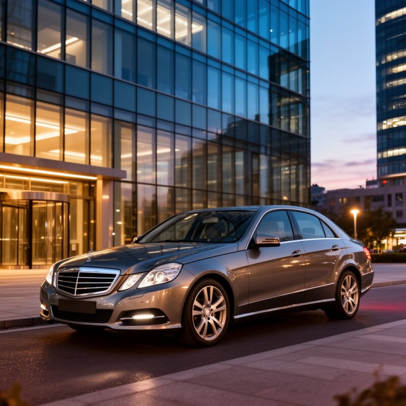 Używany Mercedes Klasy E W212 zaparkowany przed budynkiem