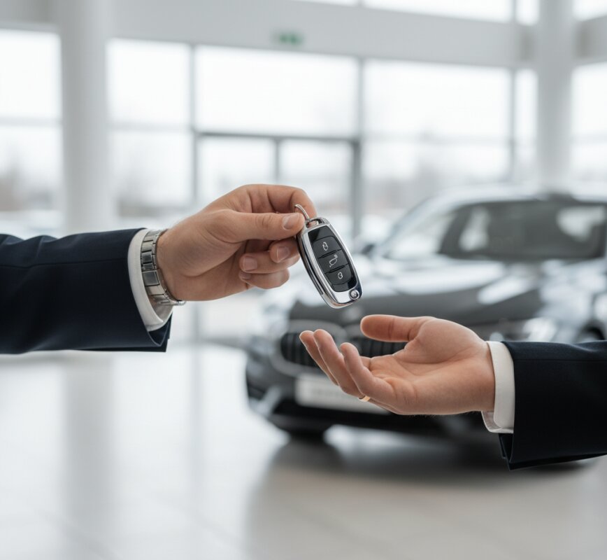 Przekazanie kluczyków do nowego auta w salonie samochodowym.