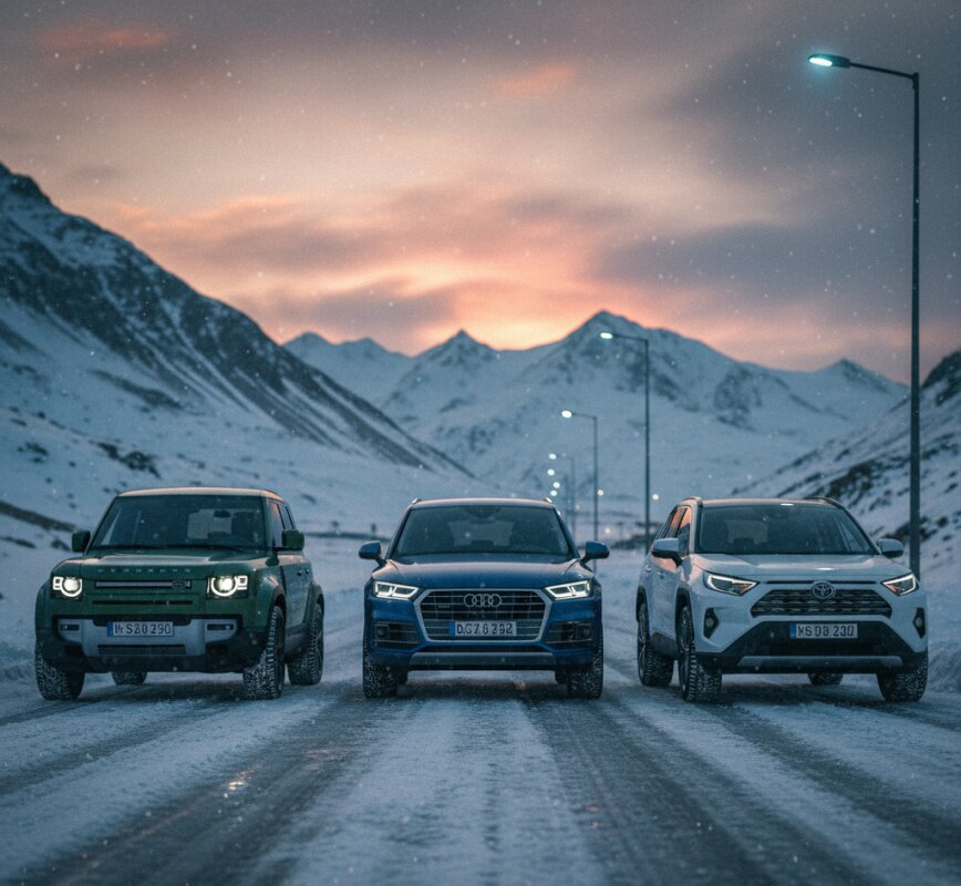 Nowoczesne SUV-y z napędem 4x4 jadące w lekkim zimowym terenie