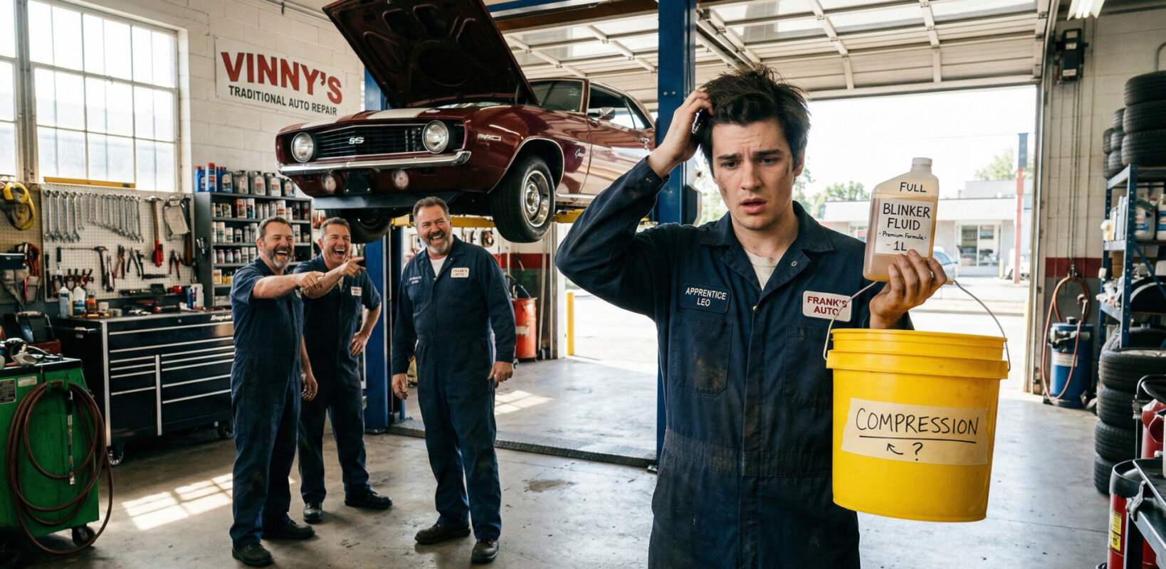 Śmieszny żart warsztatowy z płynem do migaczy.