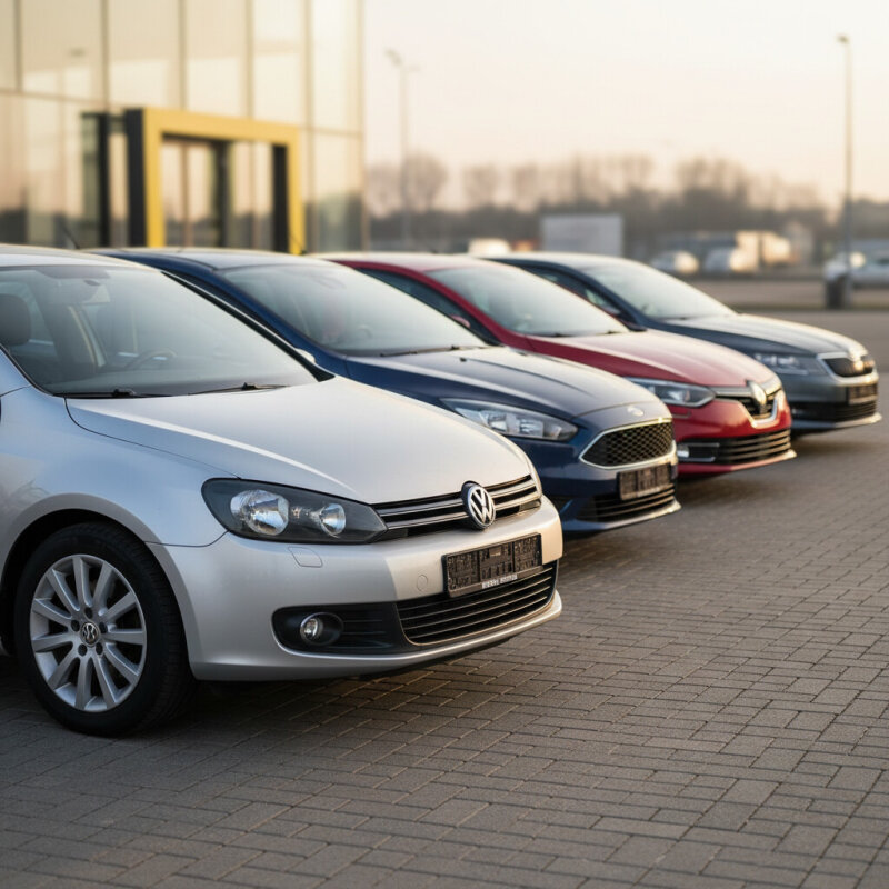 Używane samochody kompaktowe zaparkowane na parkingu miejskim.
