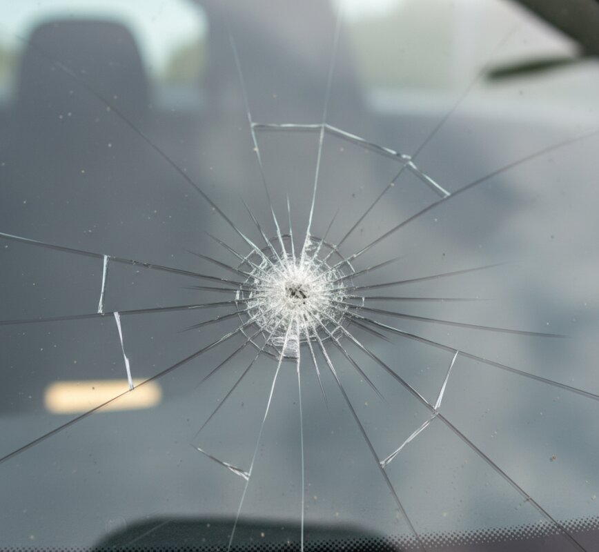 Naprawa pęknięcia na szybie samochodowej przy użyciu profesjonalnej żywicy.