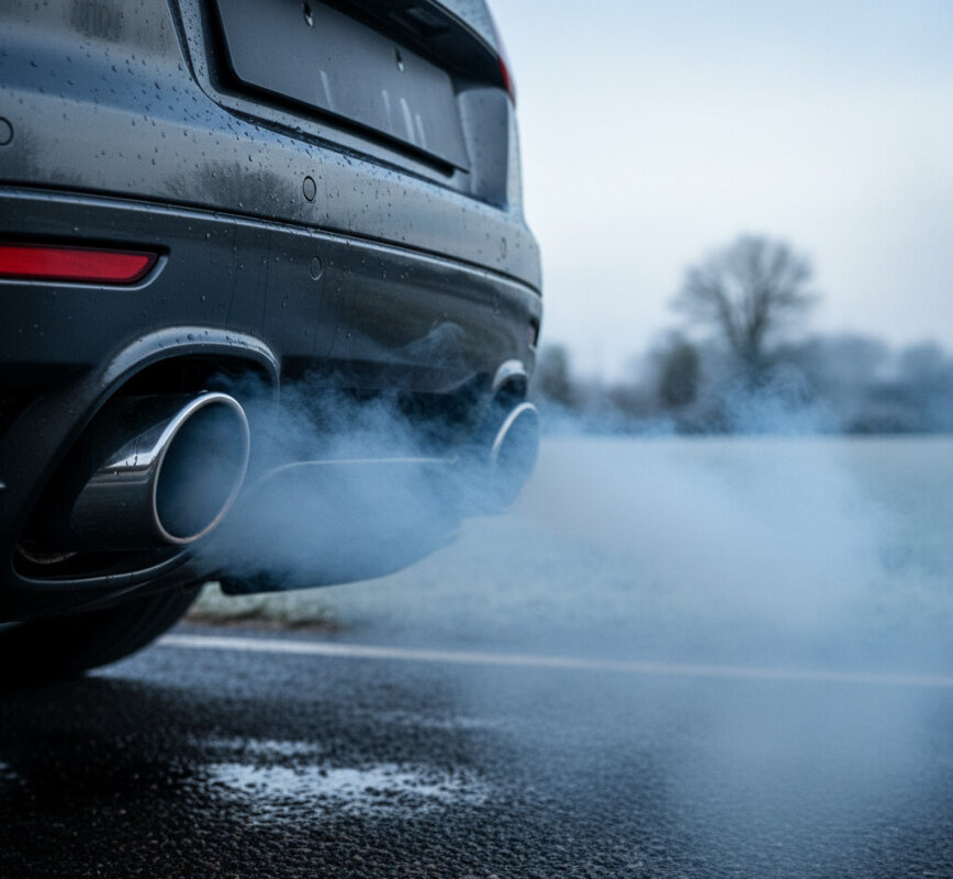 Niebieski dym wydobywający się z rury wydechowej samochodu.