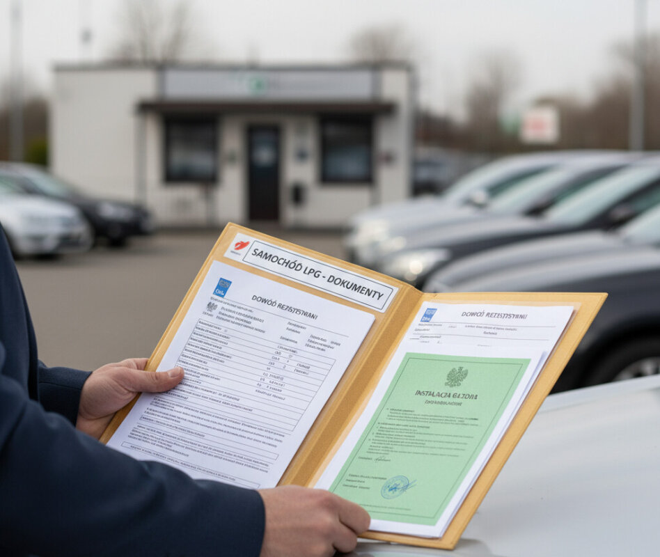 Zbiornik LPG w bagażniku z widoczną tabliczką homologacji.