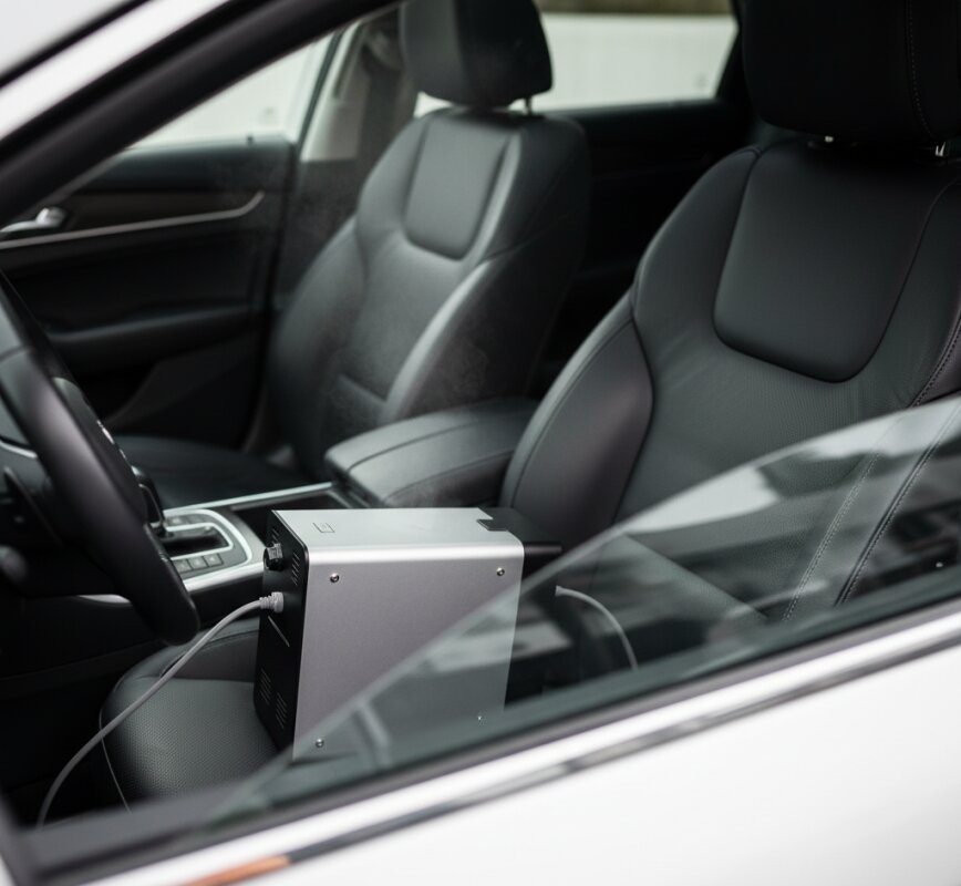 Proces ozonowania i odgrzybiania klimatyzacji we wnętrzu auta.