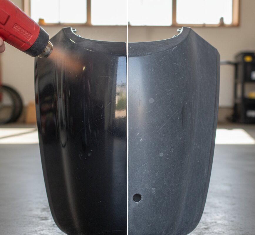 Efekt odnawiania wyblakłych plastikowych elementów nadwozia samochodu.