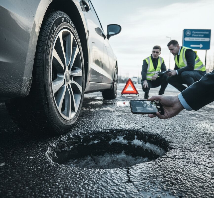 Uszkodzona opona i felga po wjechaniu w dziurę w jezdni
