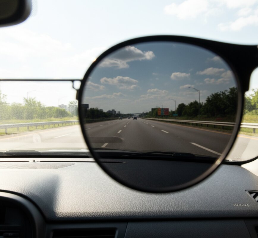 Widok drogi przez okulary polaryzacyjne redukujące odblaski na szybie.