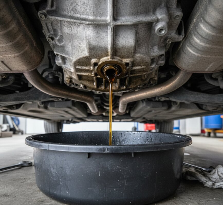 Wymiana oleju w manualnej skrzyni biegów – spuszczanie starego płynu.