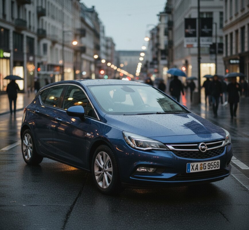 Niebieski Opel Astra K zaparkowany na mokrej ulicy w centrum miasta.