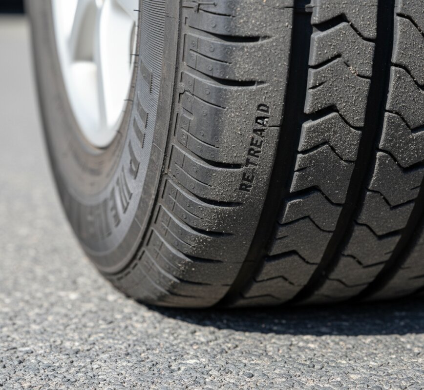 Zbliżenie na bieżnik opony bieżnikowanej do samochodu.