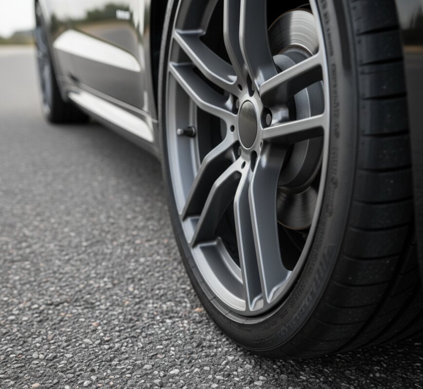 Aluminiowa felga z oponą niskoprofilową na asfalcie.