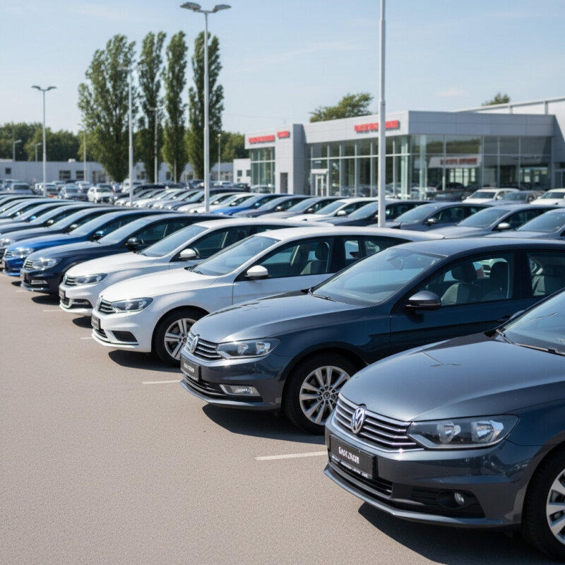 Rzędy używanych samochodów na placu u dealera aut.