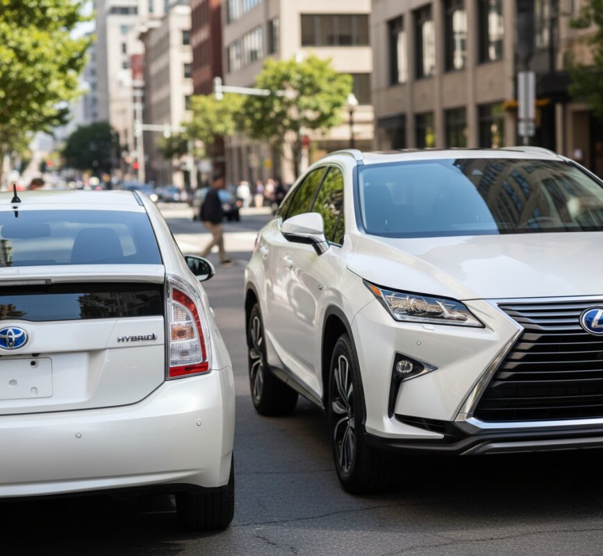 Hybrydowe samochody Toyota i Lexus zaparkowane w mieście.