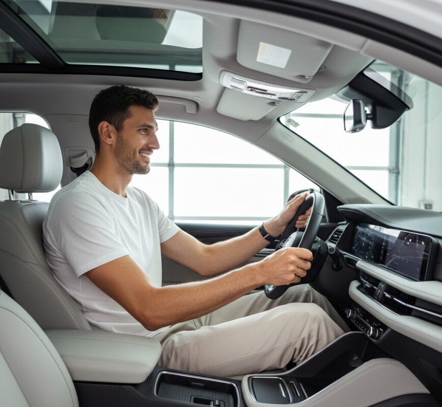 Wysoki kierowca w przestronnym wnętrzu SUV-a.