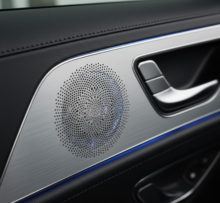 Głośnik premium w panelu drzwi luksusowego samochodu.