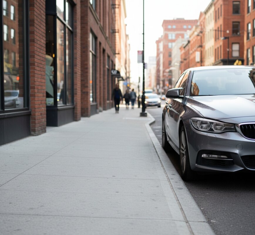 Samochód zaparkowany na chodniku z zachowaniem 1,5 metra przejścia.