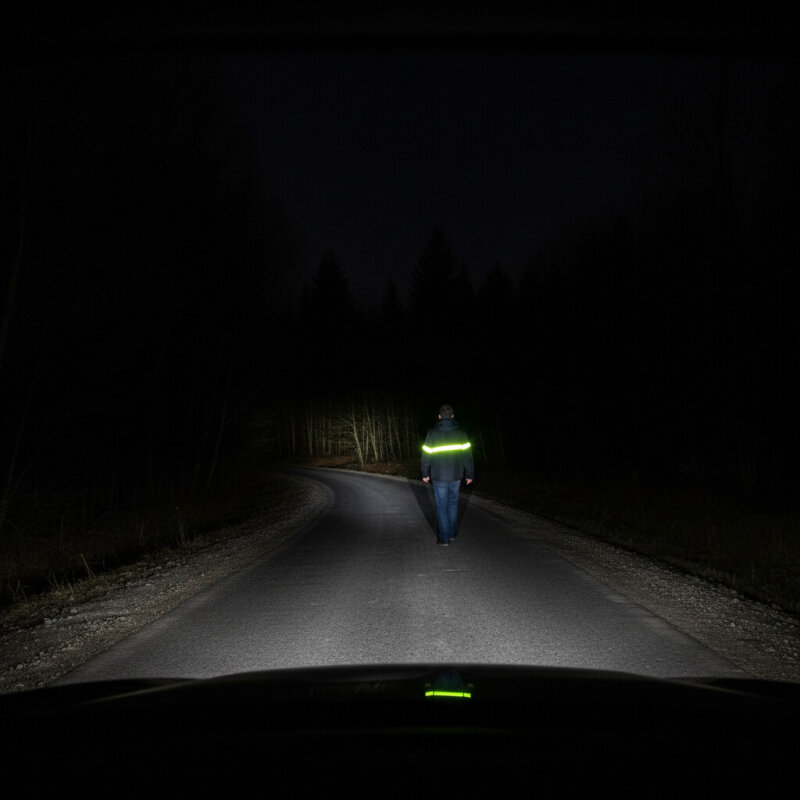 Pieszy z opaską odblaskową na drodze po zmroku, bezpieczeństwo.