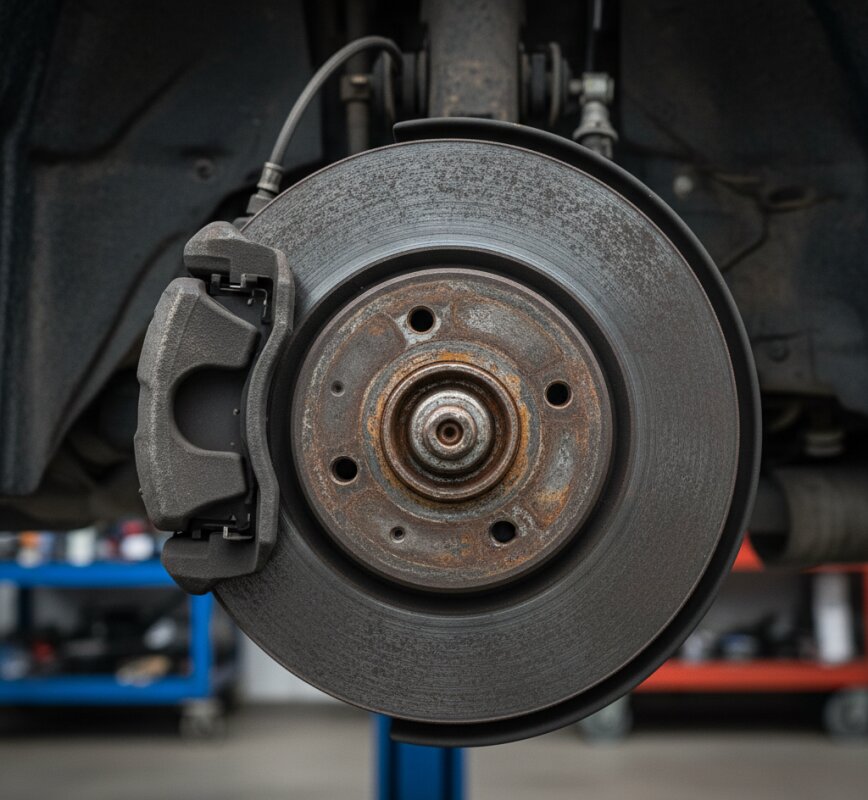 Zużyta tarcza hamulcowa i zacisk w samochodzie osobowym.