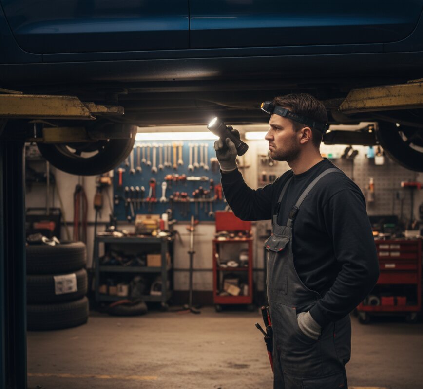 Mechanik z latarką stojący obok samochodu na podnośniku – diagnostyka podwozia i wału napędowego.