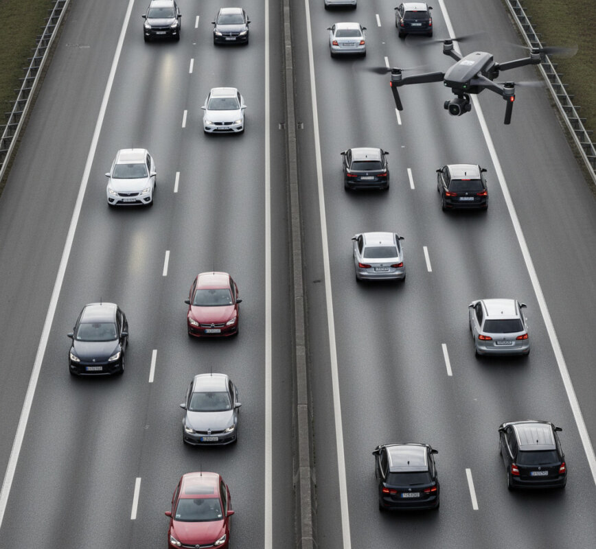 Dron policyjny nad autostradą, kontrola ruchu.