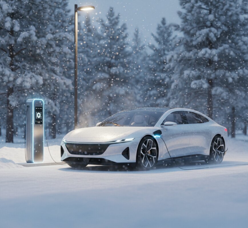 Nowoczesny samochód elektryczny ładowany w stacji w warunkach zimowych.
