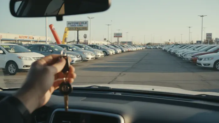 Widok z wnętrza auta na plac pełen samochodów używanych