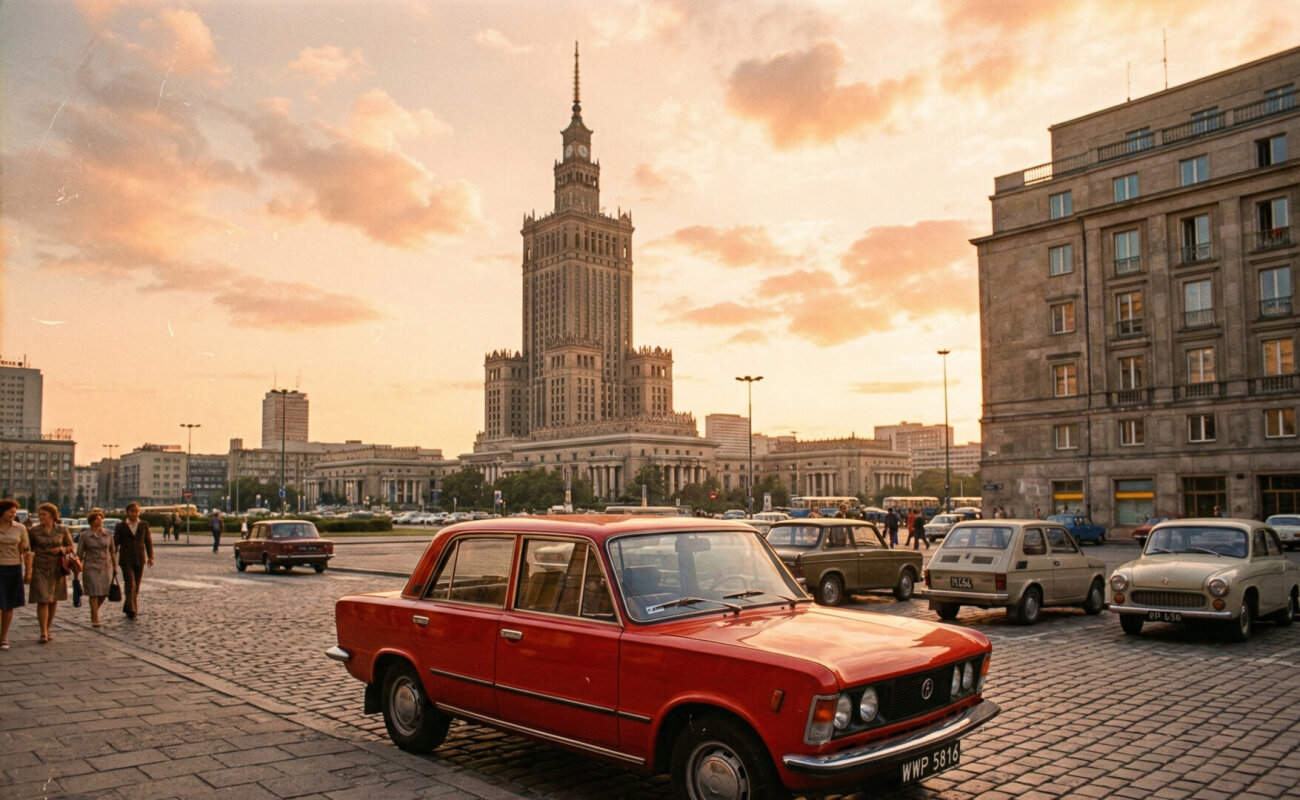 Klasyczny czerwony Fiat 125p na tle starej Warszawy.