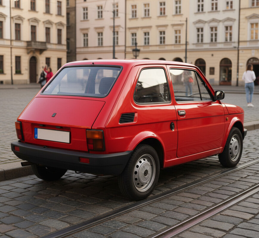 Czerwony Fiat 126p BIS z otwartą klapą tył.