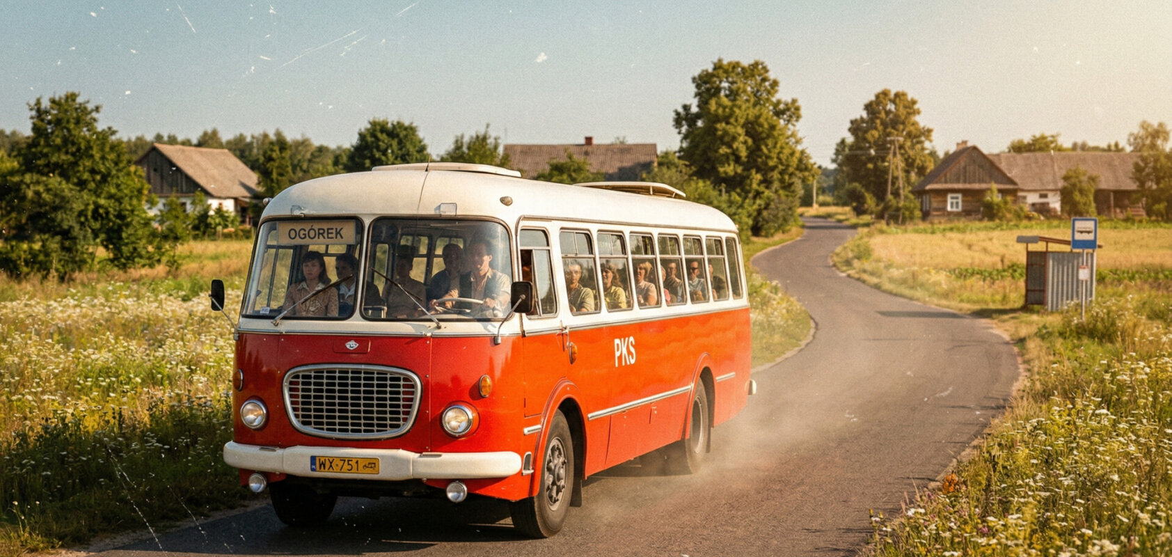 Zabytkowy polski autobus Jelcz 043 Ogórek na drodze.