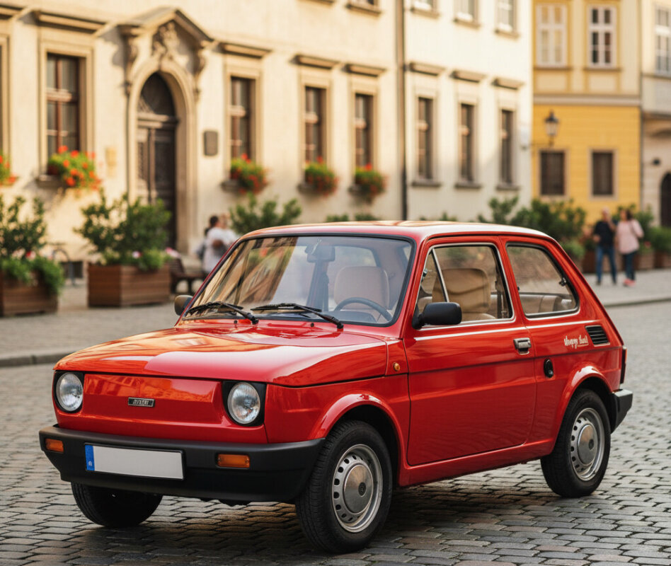 Czerwony Fiat 126p Happy End na ulicy, polska klasyka.