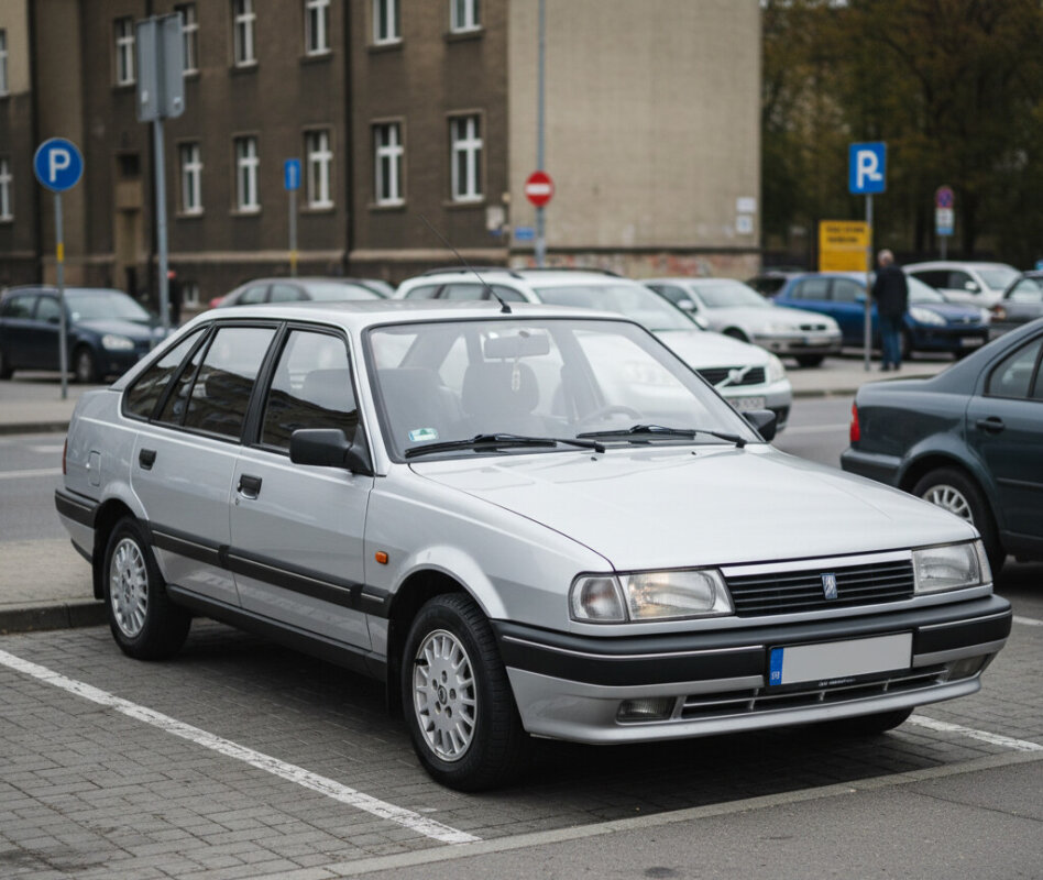 Srebrny FSO Polonez Caro Plus zaparkowany na miejskim parkingu.