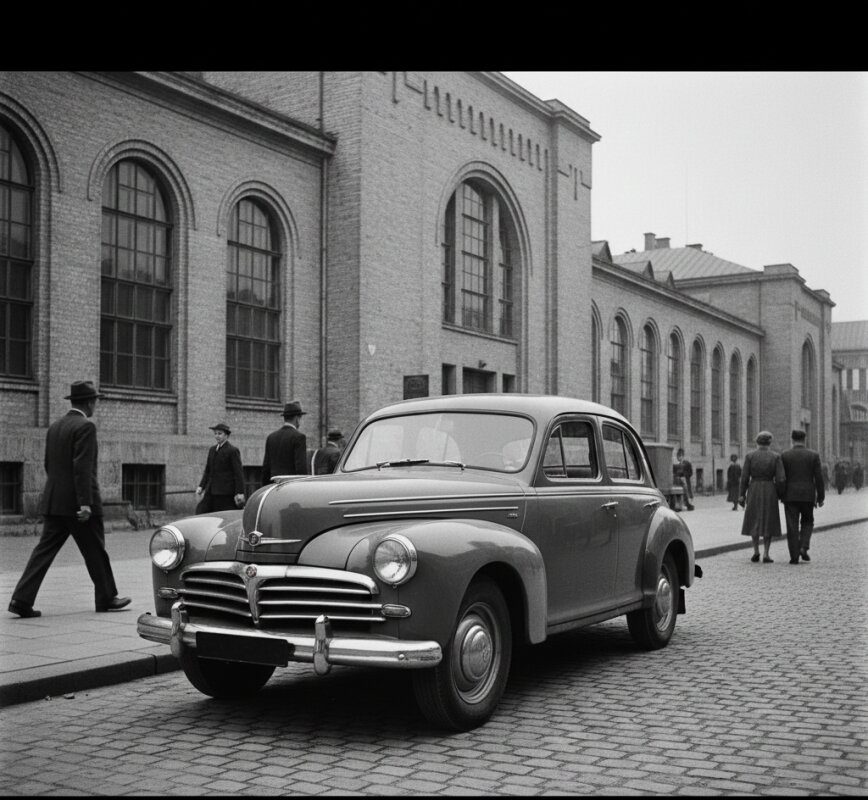 Klasyczna Warszawa M20 przed budynkiem fabryki FSO na Żeraniu.