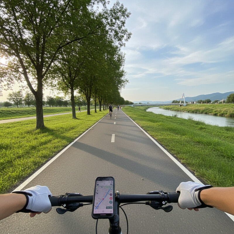 Rowerzysta przejeżdżający przez skrzyżowanie na ścieżce rowerowej.