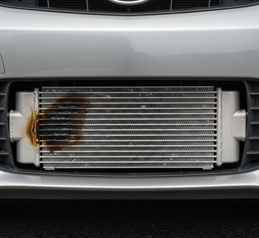 Nieszczelny intercooler z widocznym tłustym wyciekiem oleju.