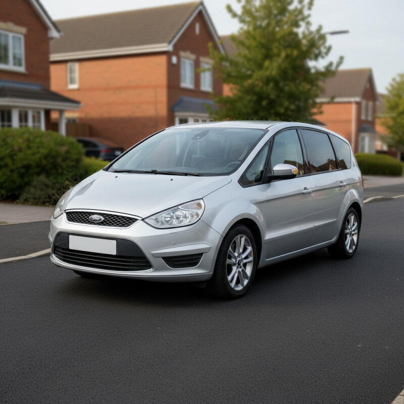 Srebrny minivan Ford S-Max pierwszej generacji zaparkowany na ulicy.
