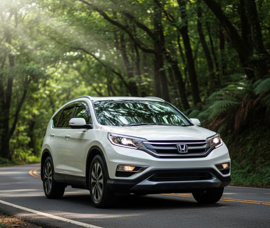 Biały SUV Honda CR-V czwartej generacji jadący drogą przez las.
