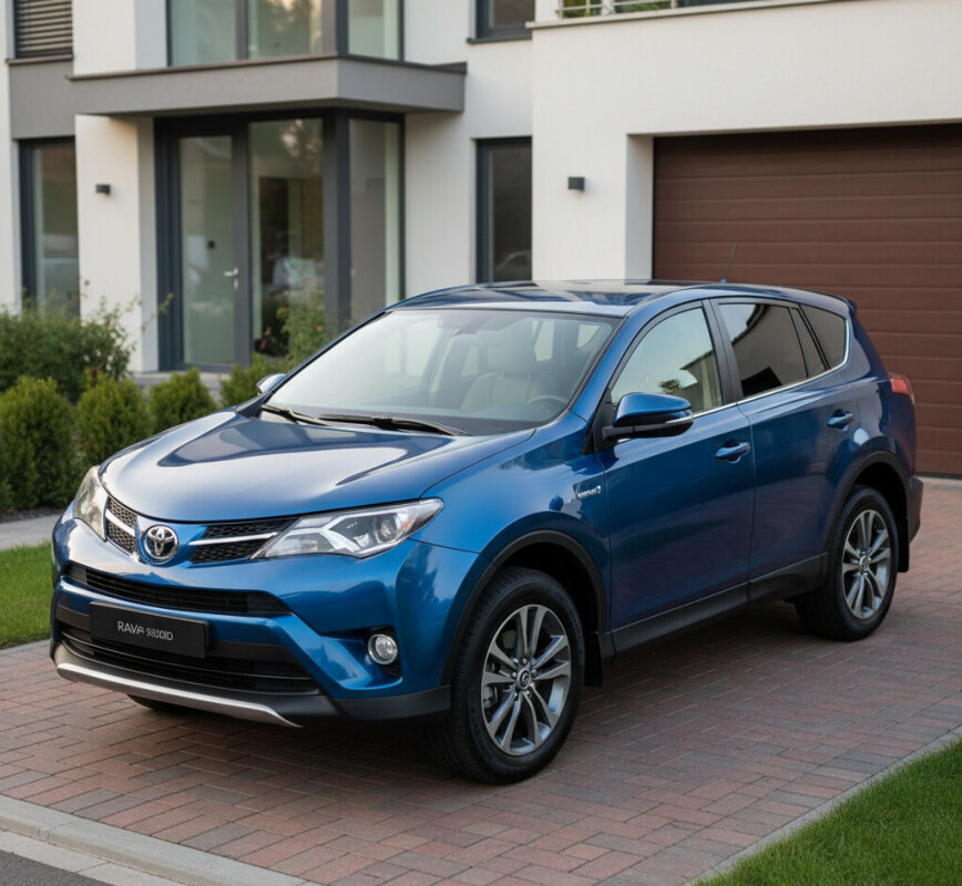 Niebieska Toyota RAV4 IV na podjeździe domu.
