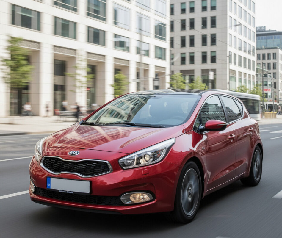 Czerwona Kia Ceed drugiej generacji jadąca przez nowoczesną dzielnicę miasta.