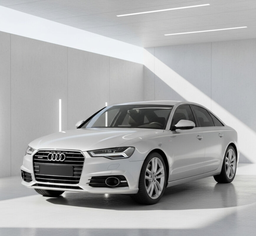 Srebrne Audi A6 C7 zaparkowane w nowoczesnym, jasnym garażu.
