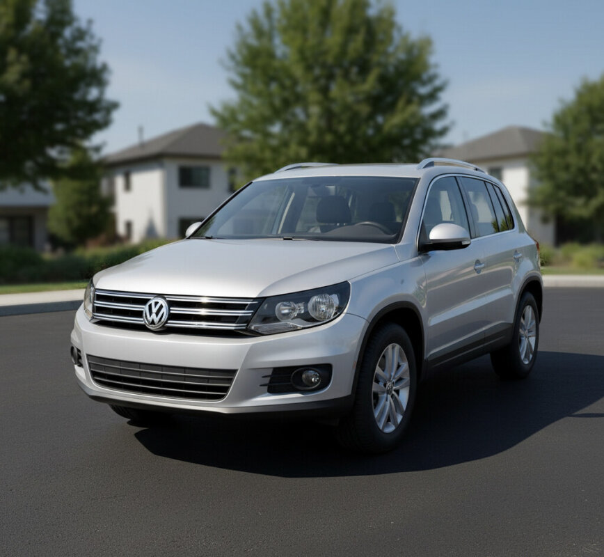Srebrny VW Tiguan I na parkingu.