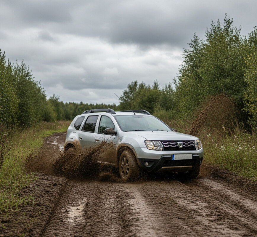 Dacia Duster pierwszej generacji jadąca w trudnym terenie.