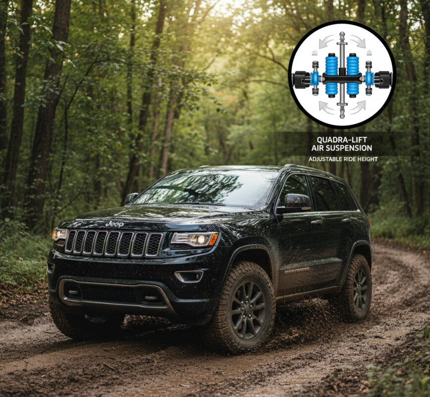 Czarny Jeep Grand Cherokee WK2 jadący w terenie.