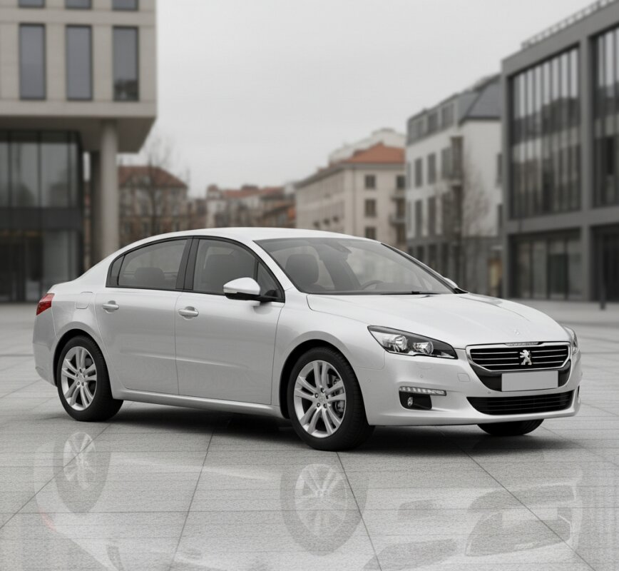 Srebrny Peugeot 508 pierwszej generacji na parkingu.