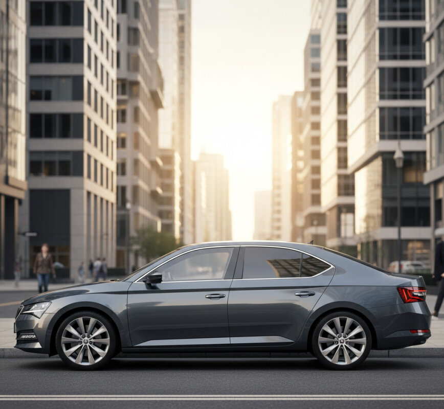 Ciemnoszara Skoda Superb III przed biurowcem.