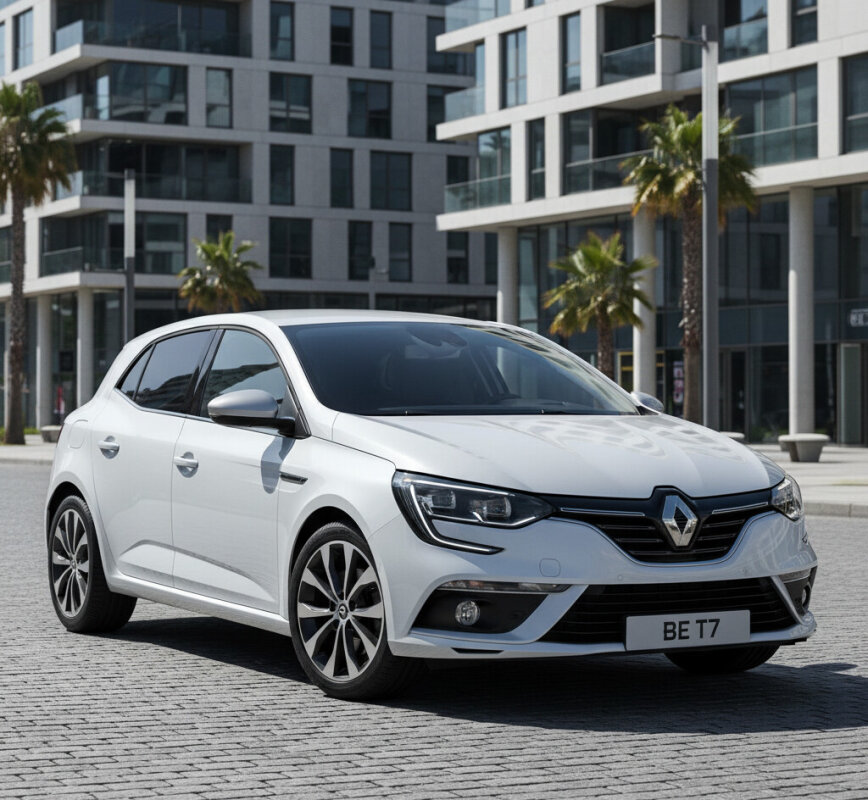 Biały Renault Megane IV zaparkowany na miejskiej ulicy.