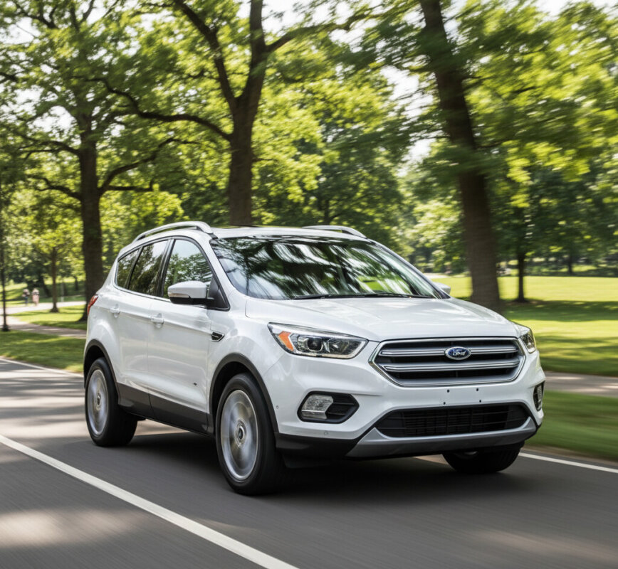 Biały Ford Kuga II jadący drogą.